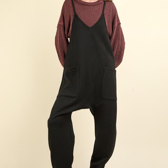 B44 Quilted Loose Fit Casual Baggy Knit Jumpsuit Black NEW - Picture 2 of 3